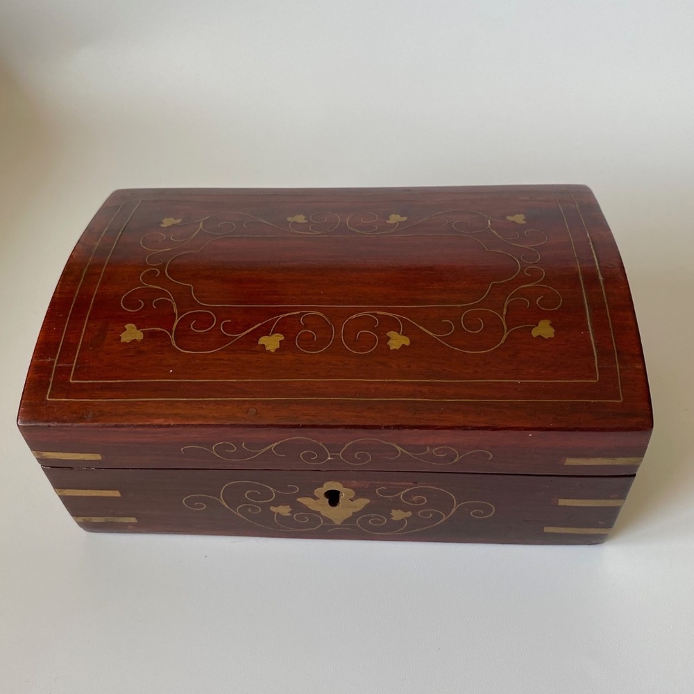 Vintage Jewelry Box Wood with Inlaid Brass Decor